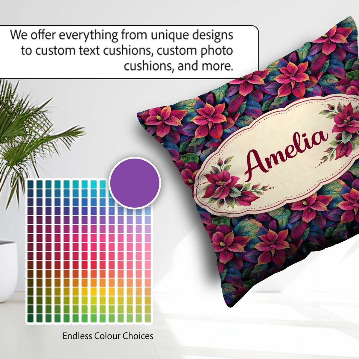 Custom Name Dark Autumn Leaves Botanical Seamless Pattern Lovely Square Filled Cushion Throw Pillow Sofa Bed Home Decor Zip Washable UK Made