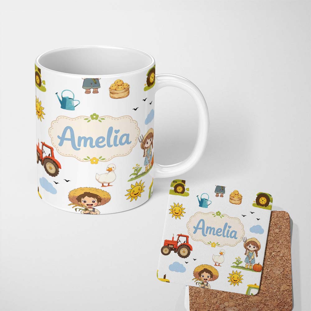Personalized Custom Name Cute Farm Tractor Farmer Duck Clouds Grey Seamless Pattern Name 11oz Ceramic Coffee Tea Mug White Large Handle
