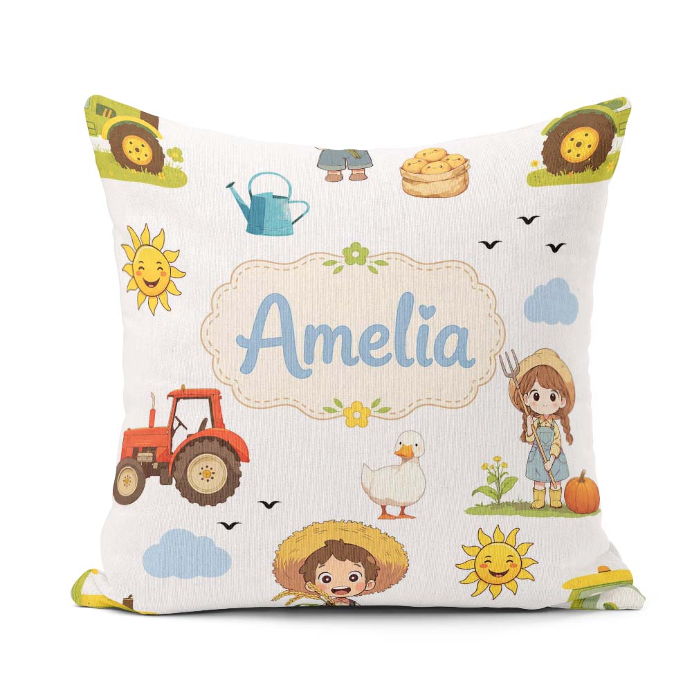 Custom Name Farm Tractor Farmer Duck Grey Seamless Pattern Name Square Filled Cushion Throw Pillow Sofa Bed Home Decor Zip Washable UK Made