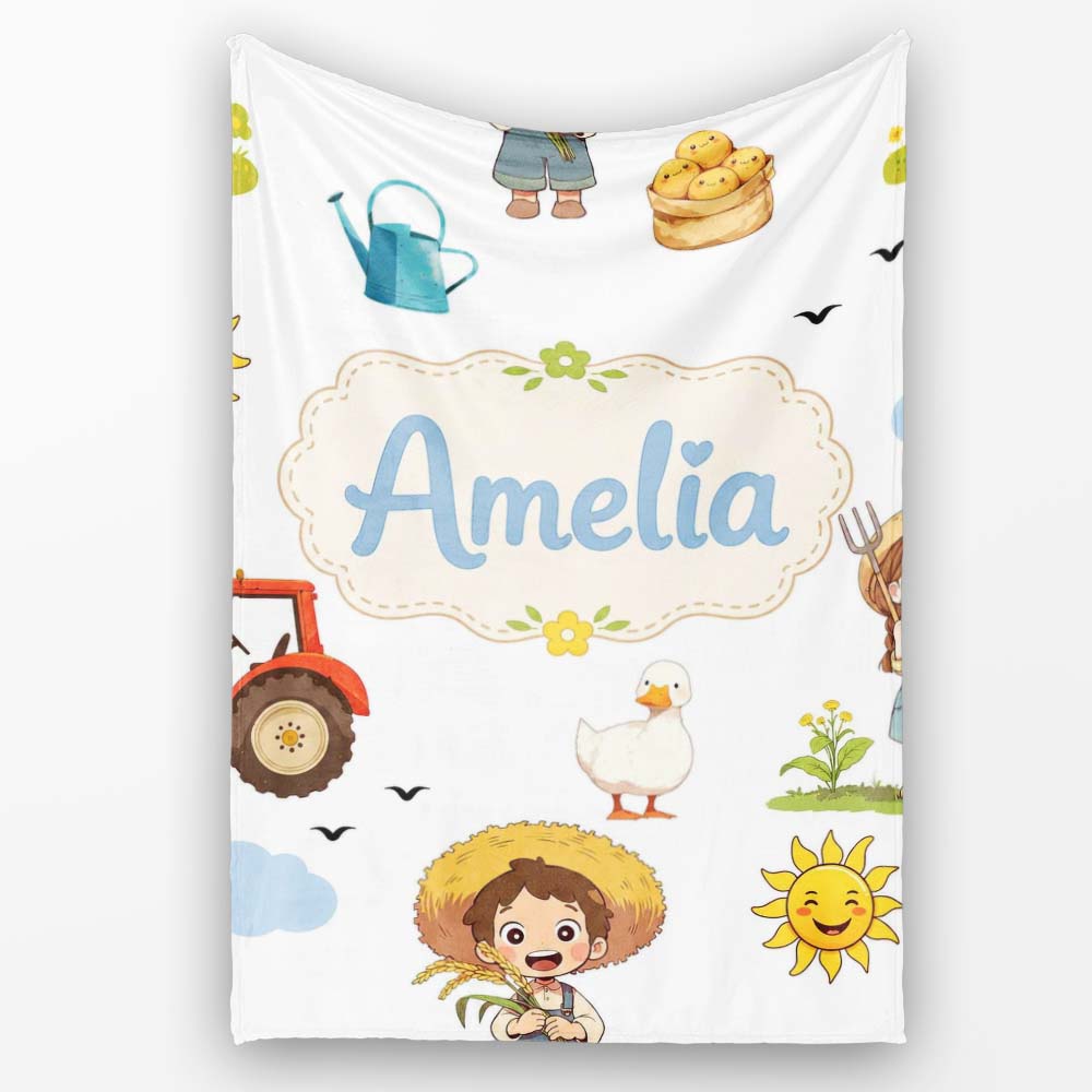 Cute Farm Tractor Farmer Duck Clouds Grey Seamless Pattern Name Personalised Custom Name Super Soft Fleece Blanket Bed Sofa Throw