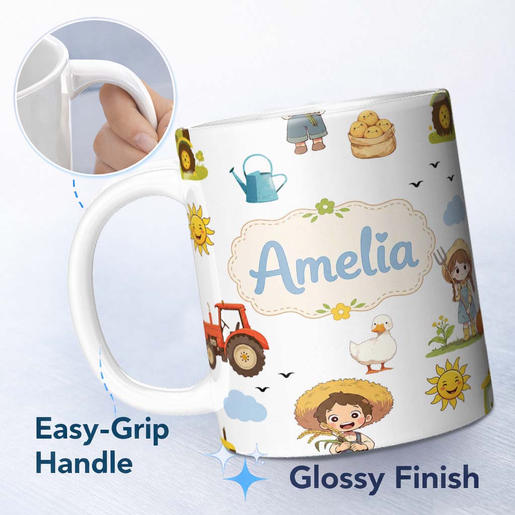 Personalized Custom Name Cute Farm Tractor Farmer Duck Clouds Grey Seamless Pattern Name 11oz Ceramic Coffee Tea Mug White Large Handle