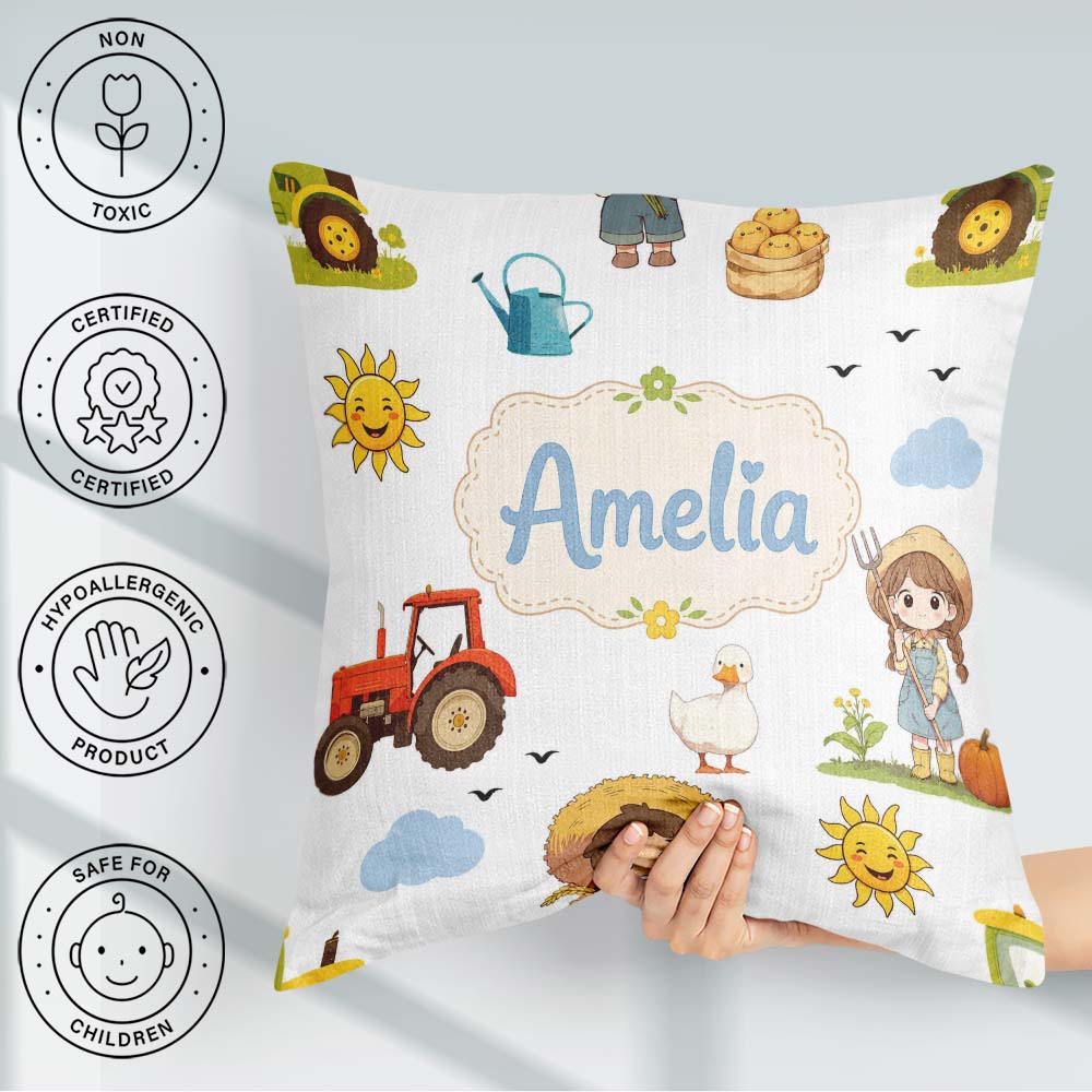 Custom Name Farm Tractor Farmer Duck Grey Seamless Pattern Name Square Filled Cushion Throw Pillow Sofa Bed Home Decor Zip Washable UK Made