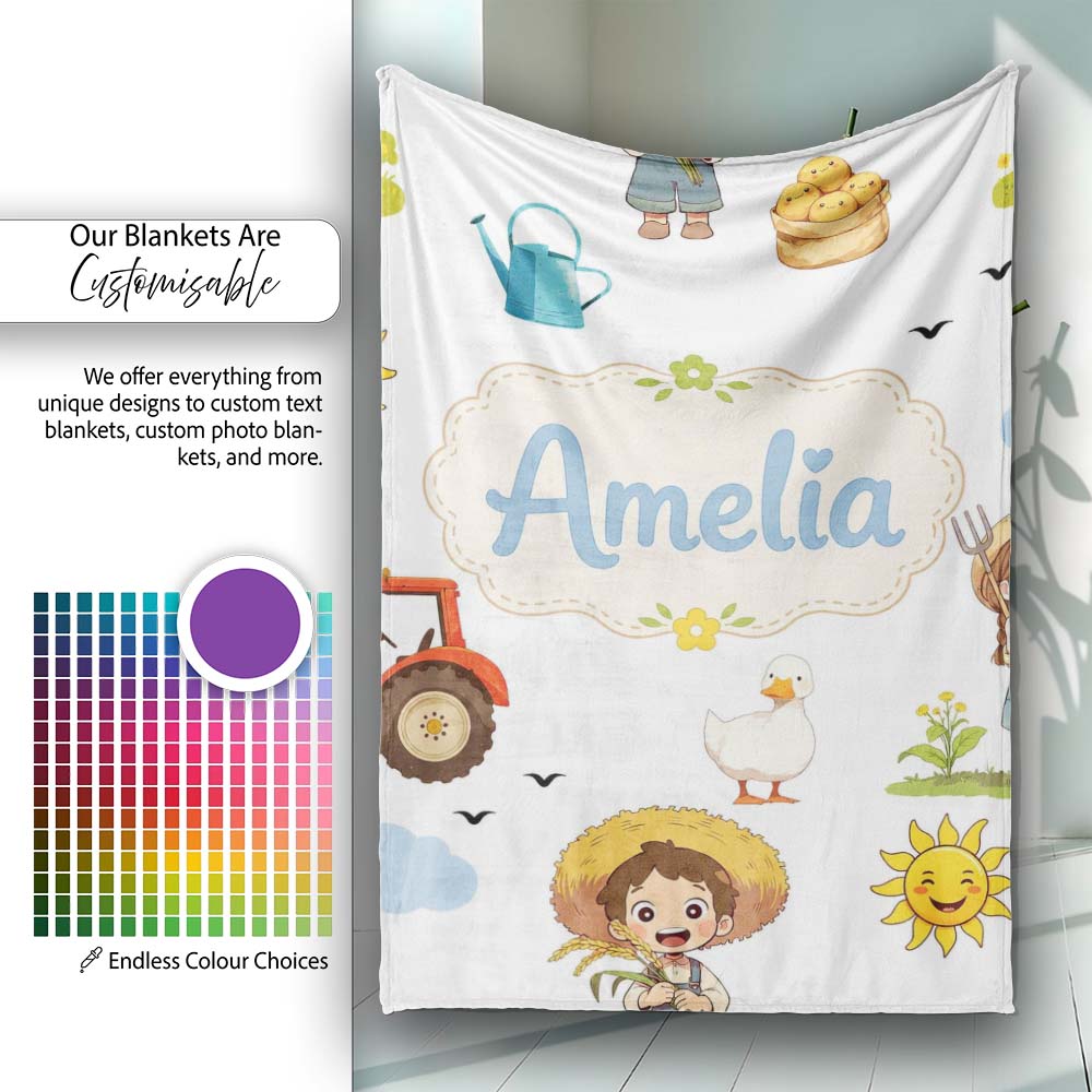 Cute Farm Tractor Farmer Duck Clouds Grey Seamless Pattern Name Personalised Custom Name Super Soft Fleece Blanket Bed Sofa Throw
