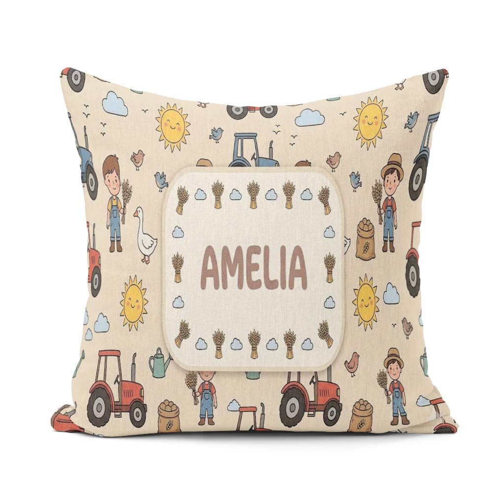 Custom Name Farm Tractor Farmer Duck Sun Clouds Seamless Pattern Square Filled Cushion Throw Pillow Sofa Bed Home Decor Zip Washable UK Made