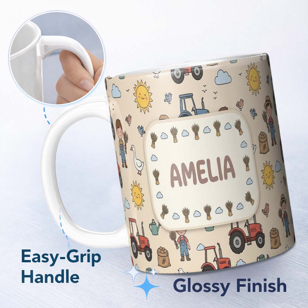 Personalized Custom Name Cute Farm Tractor Farmer Duck Sun Clouds Yellow Seamless Pattern 11oz Ceramic Coffee Tea Mug White Large Handle
