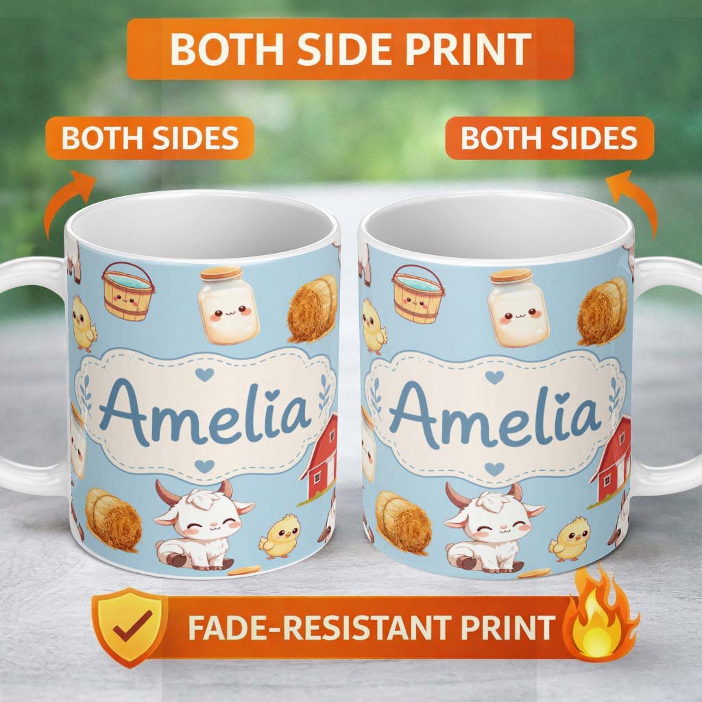 Personalized Custom Name Cute Baby Goat Barn Hay Milk Farm Seamless Pattern Custom Name 11oz Ceramic Coffee Tea Mug White Large Handle