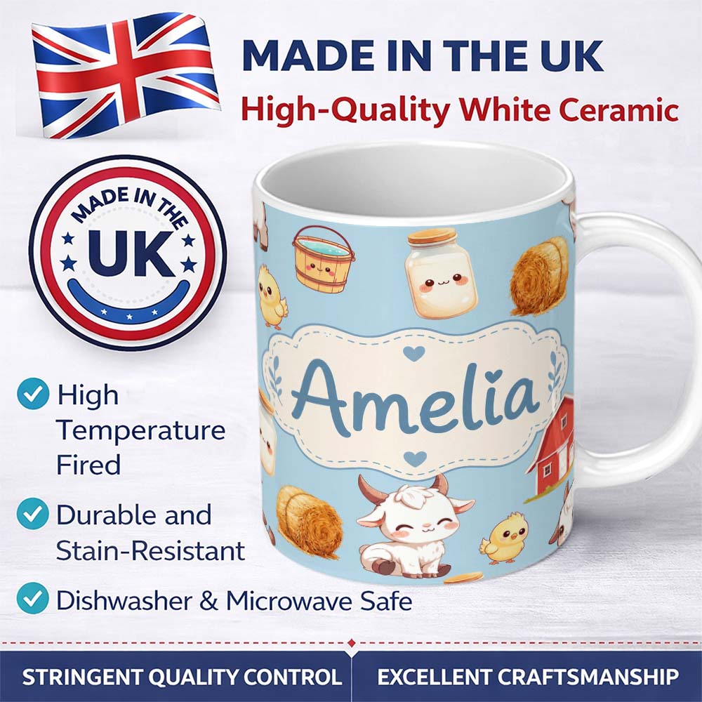 Personalized Custom Name Cute Baby Goat Barn Hay Milk Farm Seamless Pattern Custom Name 11oz Ceramic Coffee Tea Mug White Large Handle
