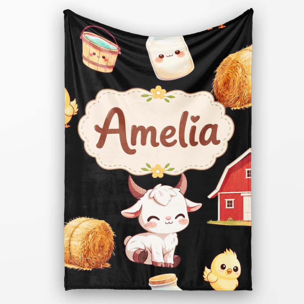 Cute Baby Goat Barn Hay Milk Chick Farm Black Seamless Pattern Personalised Custom Name Super Soft Fleece Blanket Bed Sofa Throw