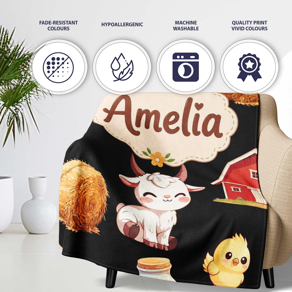 Cute Baby Goat Barn Hay Milk Chick Farm Black Seamless Pattern Personalised Custom Name Super Soft Fleece Blanket Bed Sofa Throw