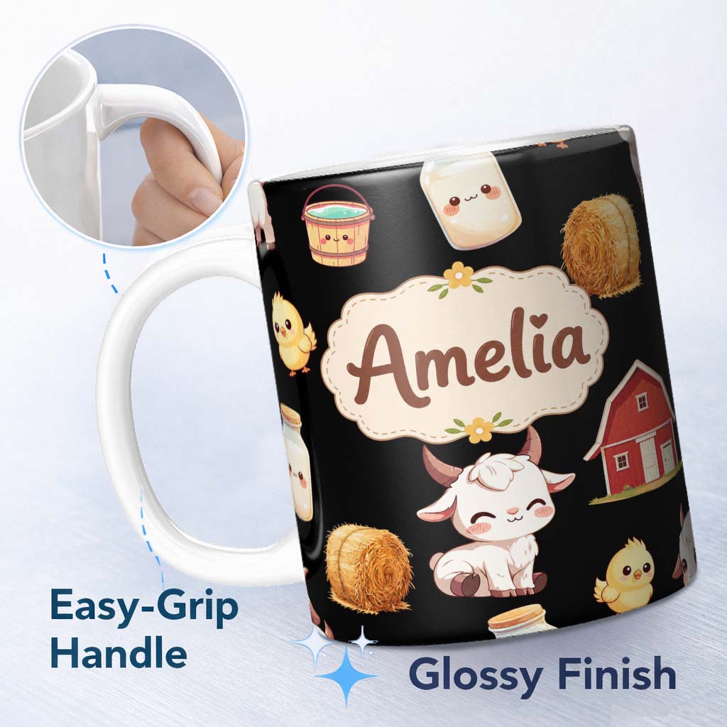 Personalized Custom Name Cute Baby Goat Barn Hay Milk Chick Farm Black Seamless Pattern 11oz Ceramic Coffee Tea Mug White Large Handle