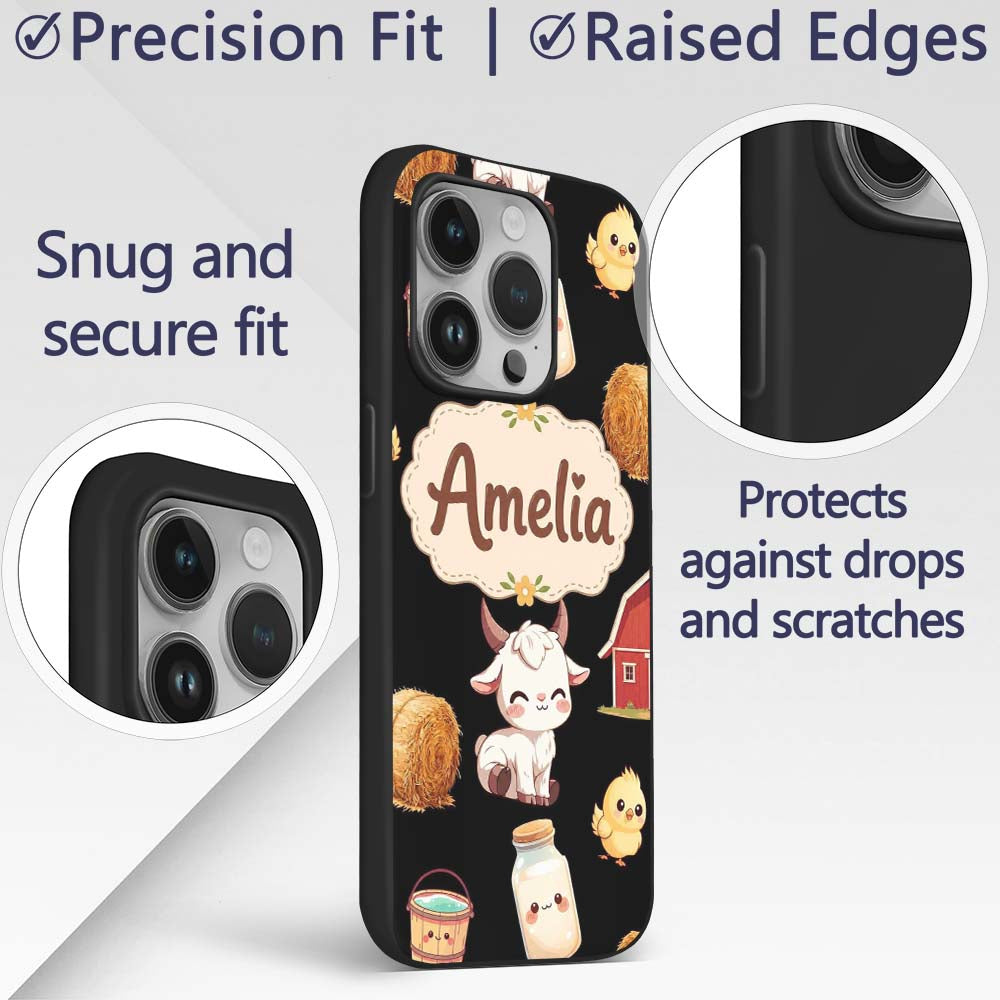 Cute Baby Goat Barn Hay Milk Chick Farm Black Custom Name Protective Phone Case Mobile Cover Durable Everyday Smartphone Shock Resistant
