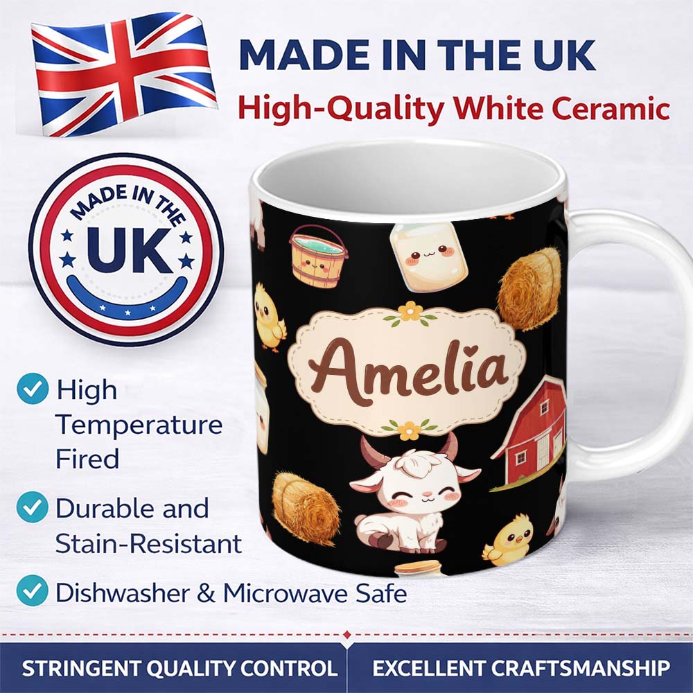 Personalized Custom Name Cute Baby Goat Barn Hay Milk Chick Farm Black Seamless Pattern 11oz Ceramic Coffee Tea Mug White Large Handle