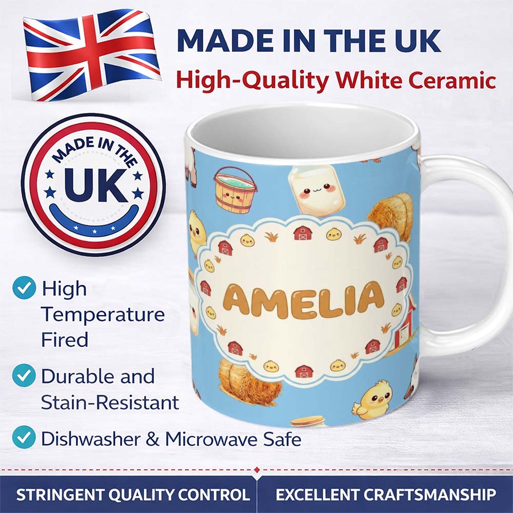 Personalized Custom Name Cute Baby Goat Barn Hay Milk Chick Farm Blue Seamless Pattern Name 11oz Ceramic Coffee Tea Mug White Large Handle