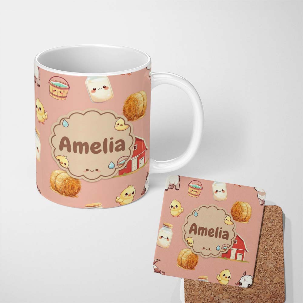 Personalized Custom Name Cute Baby Goat Barn Hay Milk Chick Farm Peach Seamless Pattern 11oz Ceramic Coffee Tea Mug White Large Handle