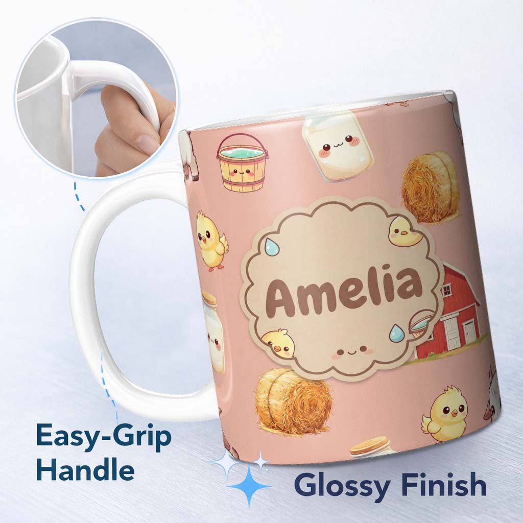 Personalized Custom Name Cute Baby Goat Barn Hay Milk Chick Farm Peach Seamless Pattern 11oz Ceramic Coffee Tea Mug White Large Handle