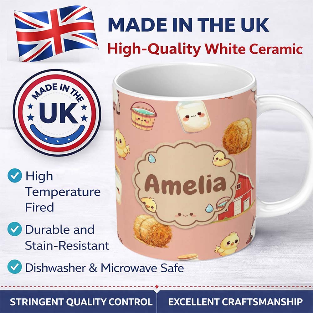 Personalized Custom Name Cute Baby Goat Barn Hay Milk Chick Farm Peach Seamless Pattern 11oz Ceramic Coffee Tea Mug White Large Handle