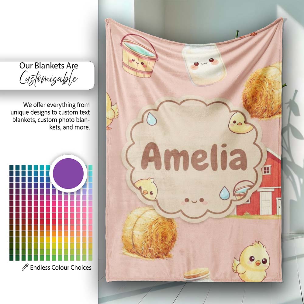 Cute Baby Goat Barn Hay Milk Chick Farm Peach Seamless Pattern Personalised Custom Name Super Soft Fleece Blanket Bed Sofa Throw
