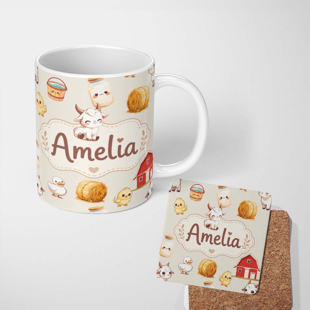 Personalized Custom Name Cute Baby Goat Barn Hay Milk Chick Farm Cream Seamless Pattern 11oz Ceramic Coffee Tea Mug White Large Handle