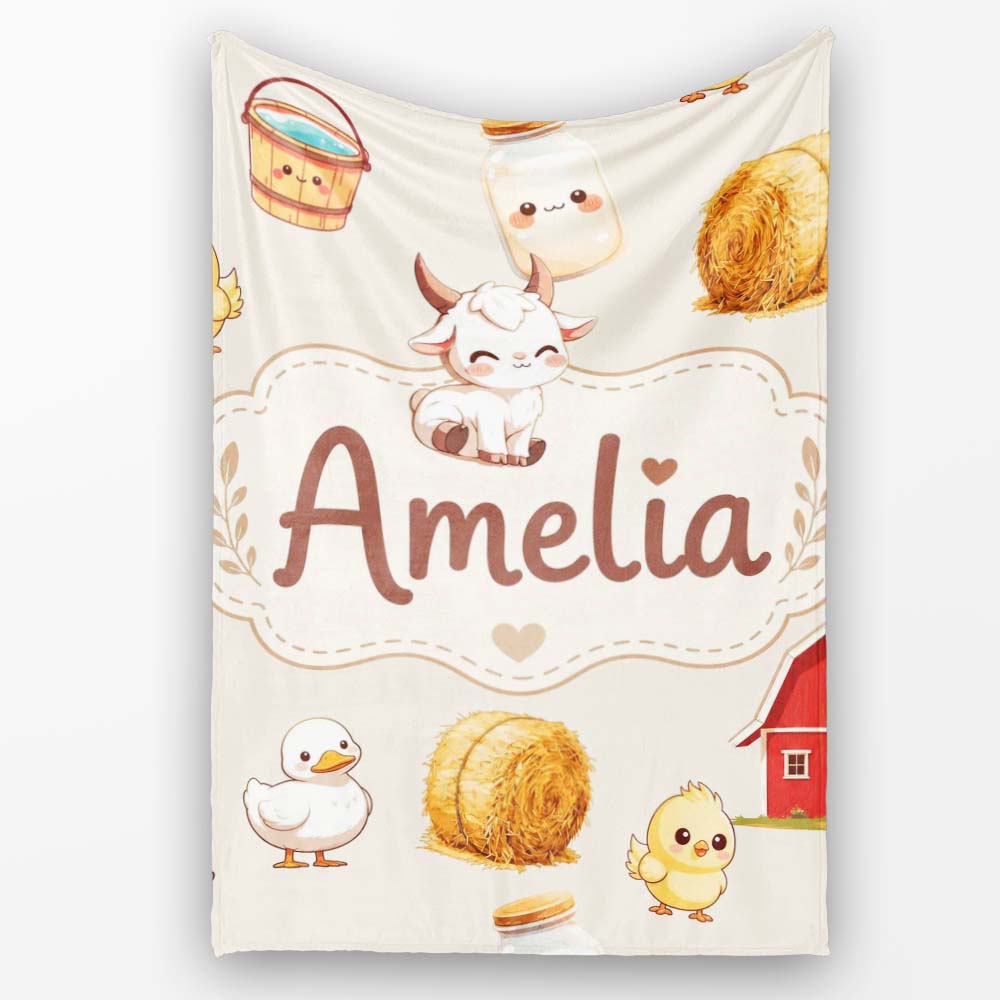 Cute Baby Goat Barn Hay Milk Chick Farm Cream Seamless Pattern Personalised Custom Name Super Soft Fleece Blanket Bed Sofa Throw