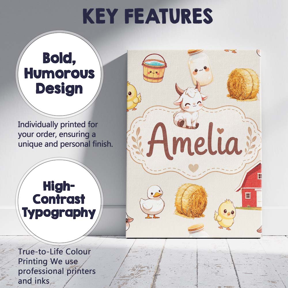 Personalised Name Cute Baby Goat Barn Hay Custom Unique Gift Idea Elegant Feature Canvas Wall Art Print Decor Picture Ready to Hang