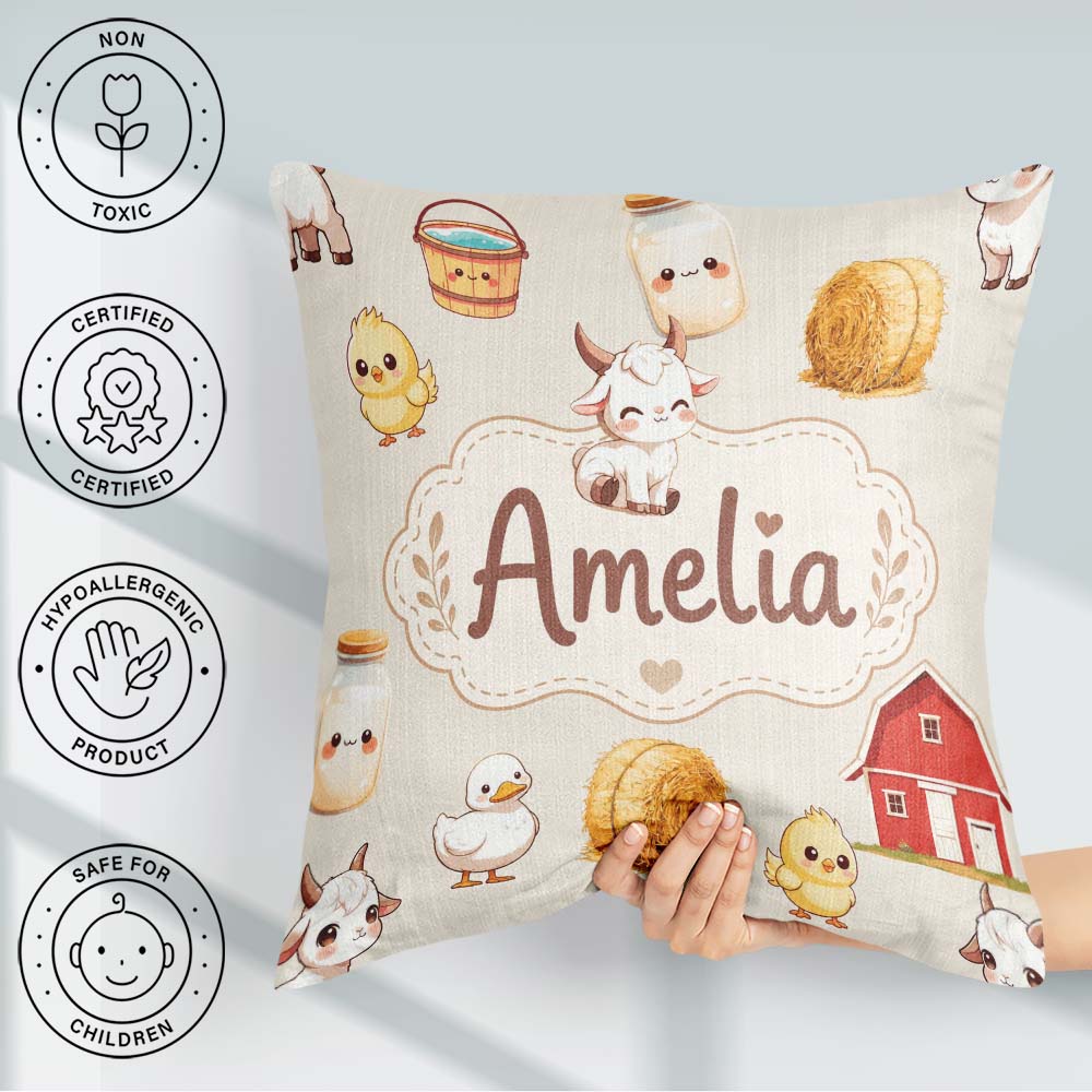 Custom Name Baby Goat Barn Hay Milk Chick Cream Seamless Pattern Square Filled Cushion Throw Pillow Sofa Bed Home Decor Zip Washable UK Made