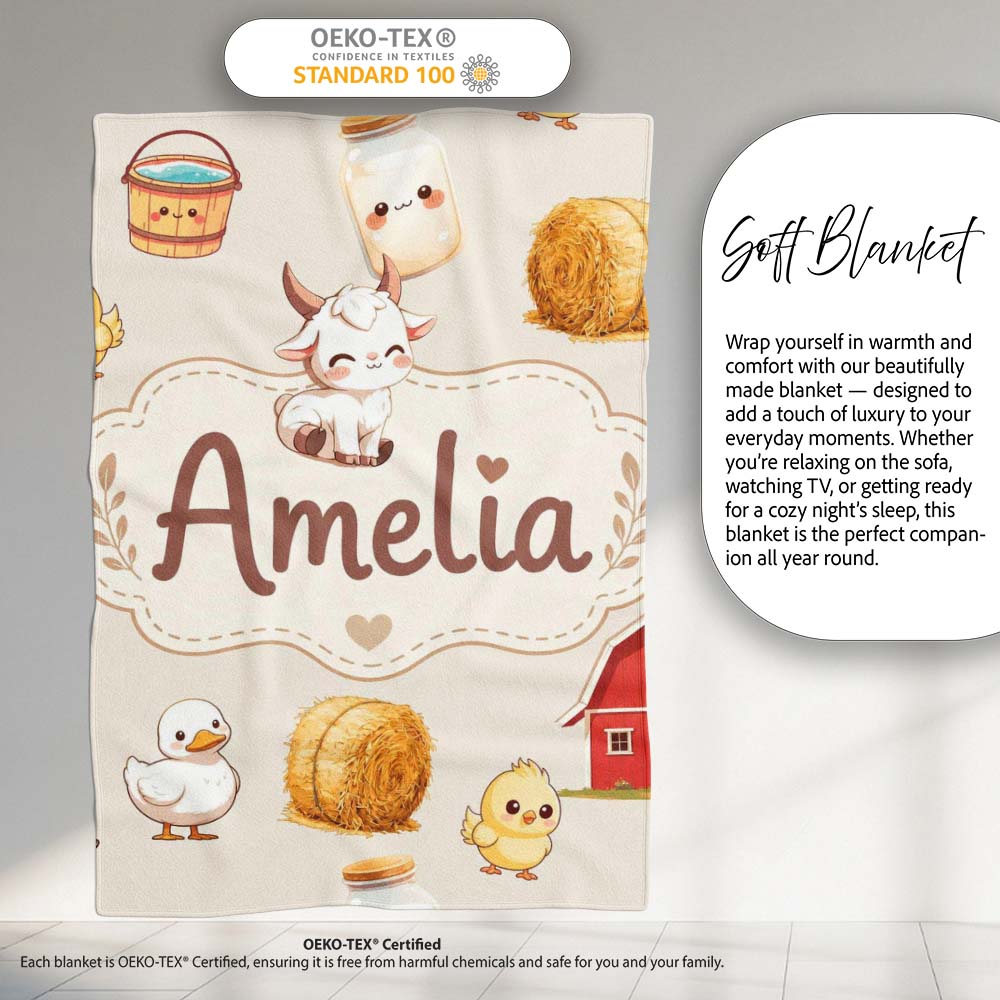 Cute Baby Goat Barn Hay Milk Chick Farm Cream Seamless Pattern Personalised Custom Name Super Soft Fleece Blanket Bed Sofa Throw