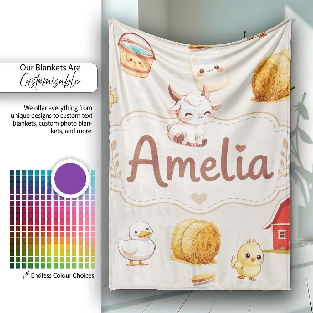 Cute Baby Goat Barn Hay Milk Chick Farm Cream Seamless Pattern Personalised Custom Name Super Soft Fleece Blanket Bed Sofa Throw
