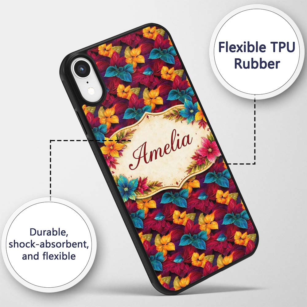 Cross Stitch Style Leaf Motif Seamless Pattern Custom Name Protective Phone Case Mobile Cover Durable Everyday Smartphone Shock Resistant