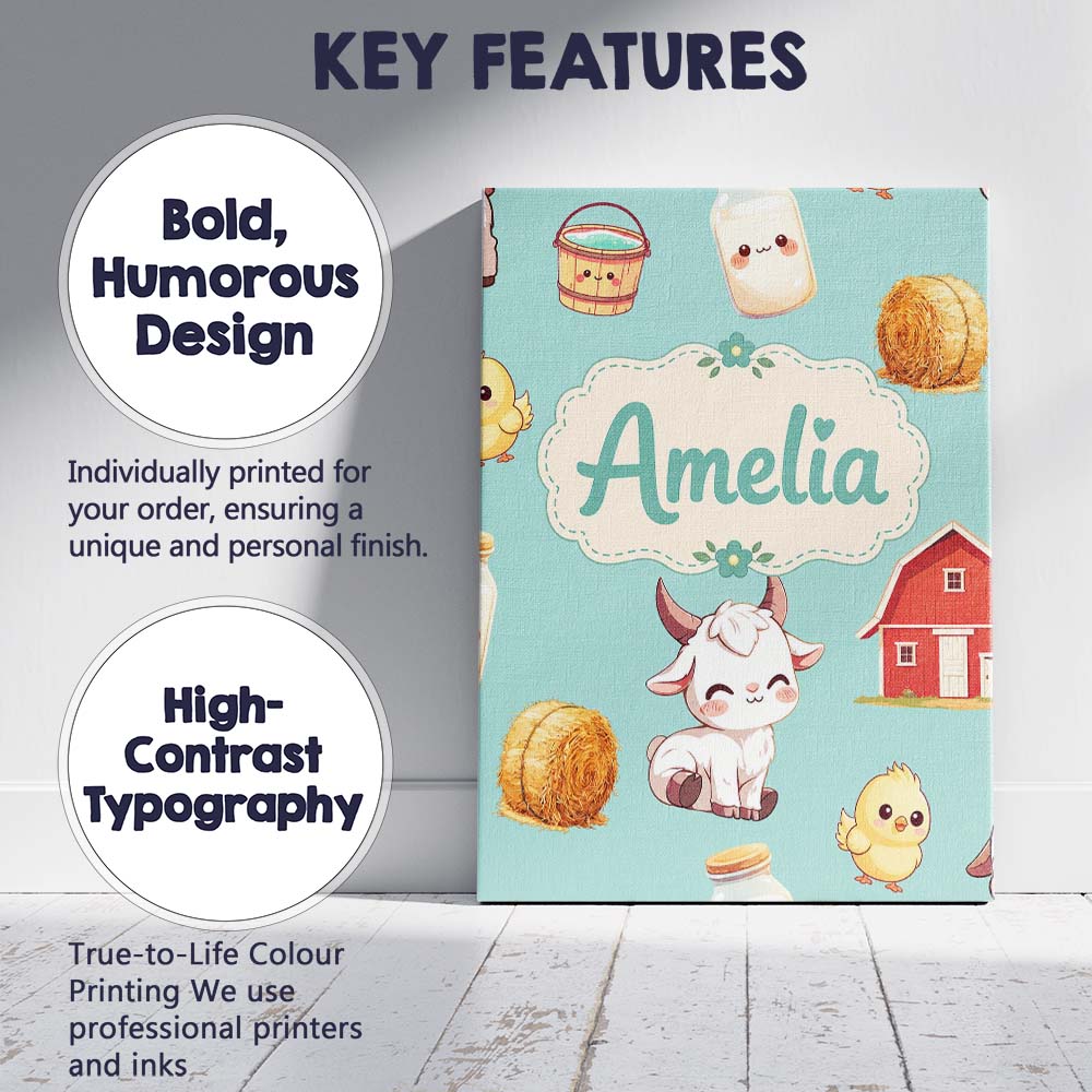 Personalised Name Cute Baby Goat Barn Hay Custom Unique Gift Idea Elegant Feature Canvas Wall Art Print Decor Picture Ready to Hang