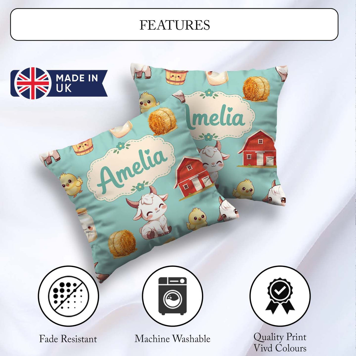 Custom Name Baby Goat Barn Hay Milk Chick Farm Mint Pattern Name Square Filled Cushion Throw Pillow Sofa Bed Home Decor Zip Washable UK Made
