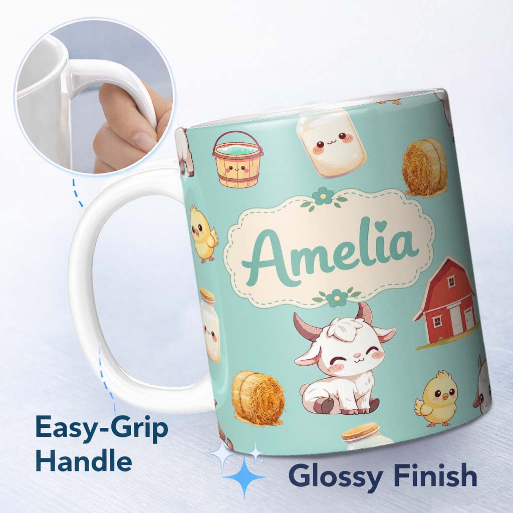 Personalized Custom Name Cute Baby Goat Barn Hay Milk Chick Farm Mint Seamless Pattern Name 11oz Ceramic Coffee Tea Mug White Large Handle