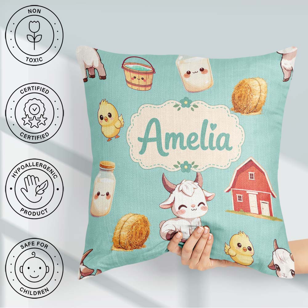 Custom Name Baby Goat Barn Hay Milk Chick Farm Mint Pattern Name Square Filled Cushion Throw Pillow Sofa Bed Home Decor Zip Washable UK Made