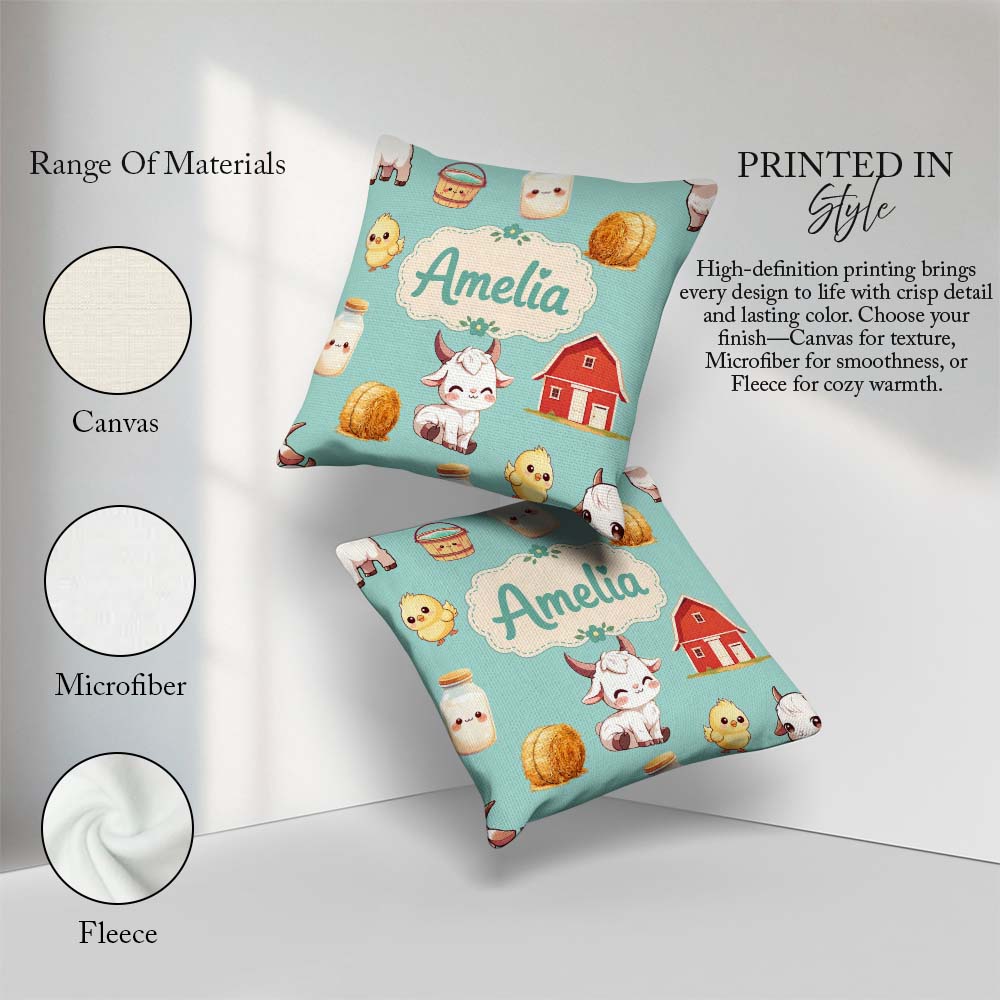 Custom Name Baby Goat Barn Hay Milk Chick Farm Mint Pattern Name Square Filled Cushion Throw Pillow Sofa Bed Home Decor Zip Washable UK Made