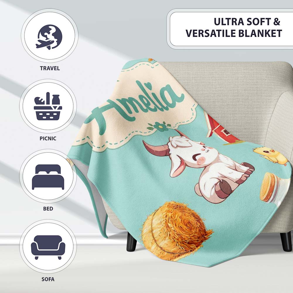 Cute Baby Goat Barn Hay Milk Chick Farm Mint Seamless Pattern Name Personalised Custom Name Super Soft Fleece Blanket Bed Sofa Throw