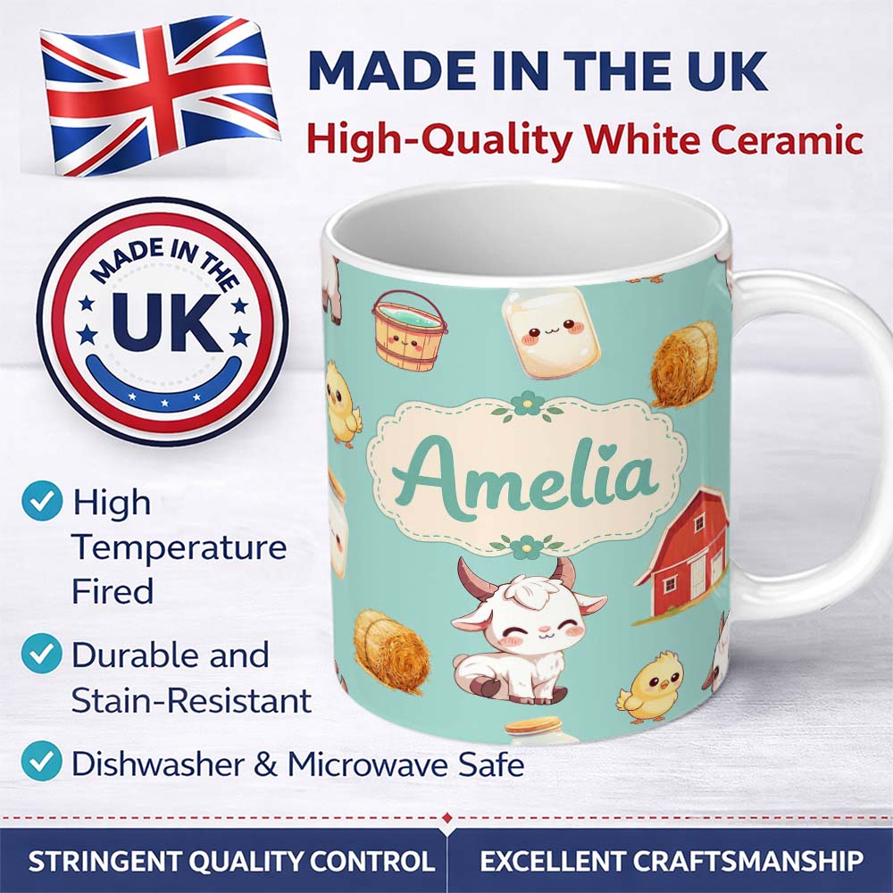 Personalized Custom Name Cute Baby Goat Barn Hay Milk Chick Farm Mint Seamless Pattern Name 11oz Ceramic Coffee Tea Mug White Large Handle