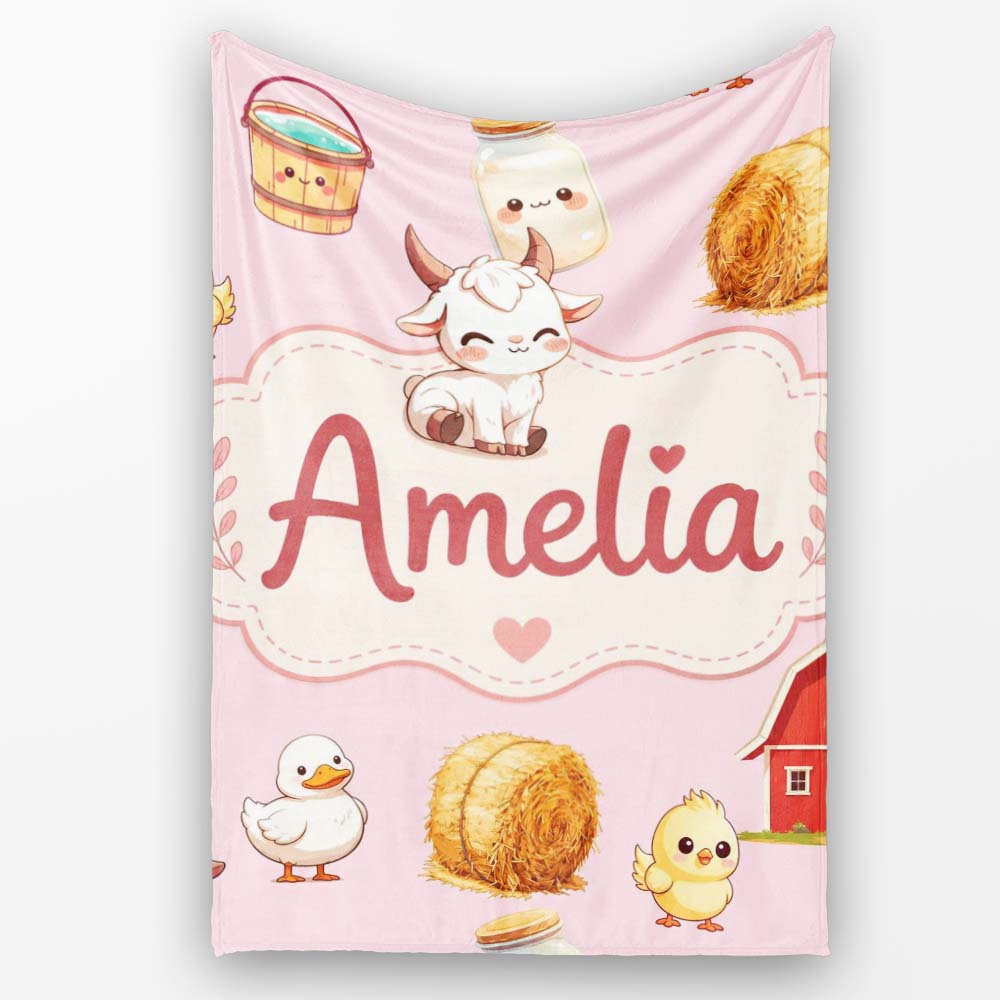Cute Baby Goat Barn Hay Milk Chick Farm Pink Seamless Pattern Name Personalised Custom Name Super Soft Fleece Blanket Bed Sofa Throw