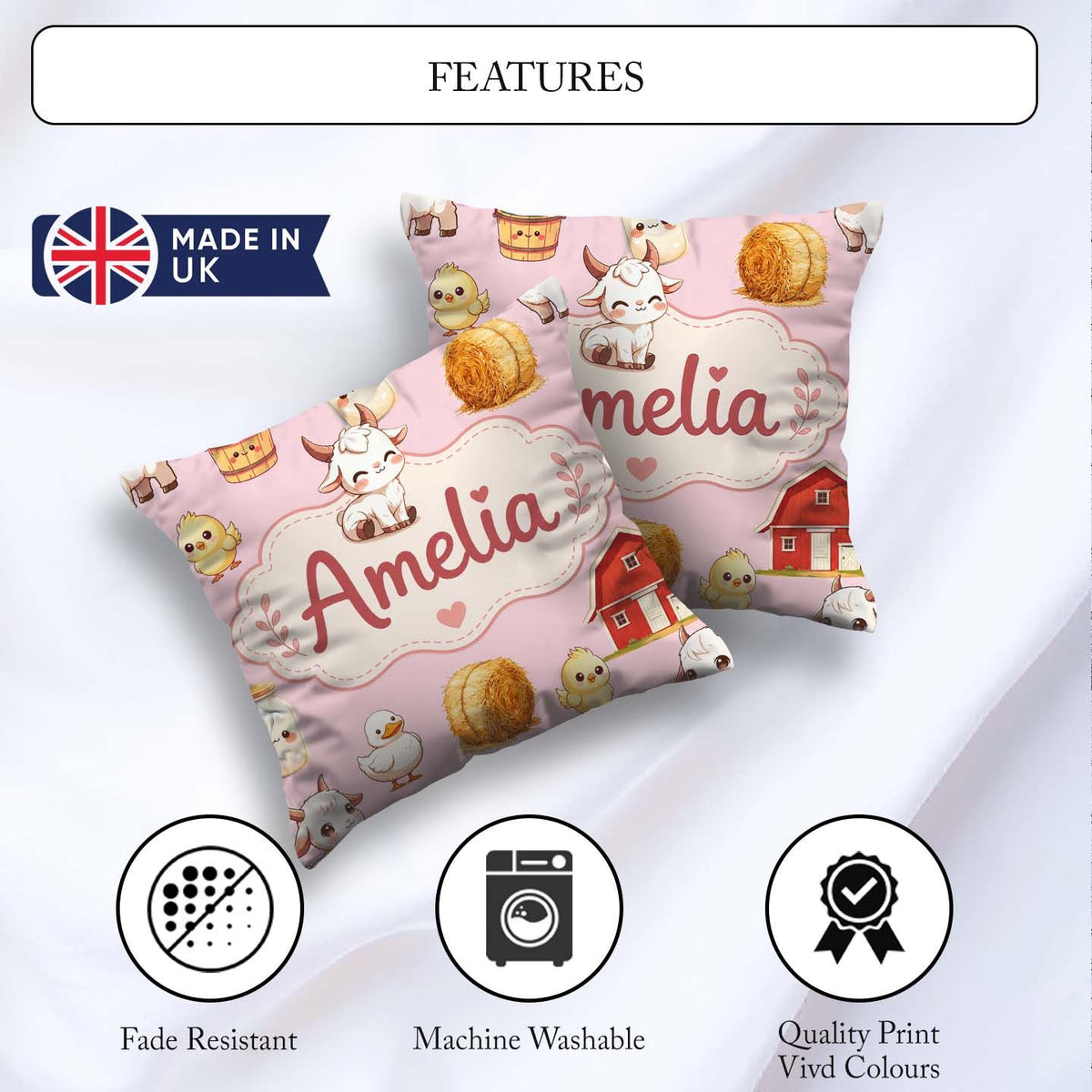 Custom Name Baby Goat Barn Hay Milk Chick Farm Pink Pattern Name Square Filled Cushion Throw Pillow Sofa Bed Home Decor Zip Washable UK Made