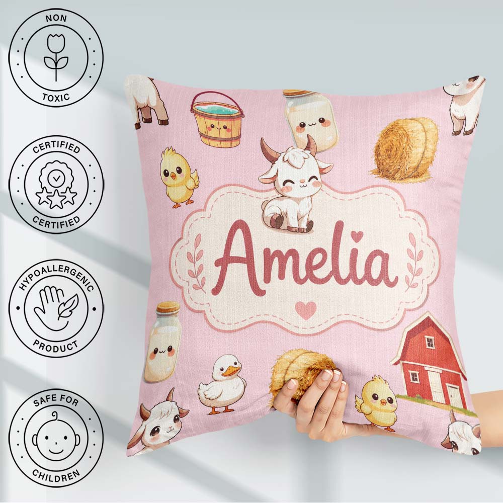 Custom Name Baby Goat Barn Hay Milk Chick Farm Pink Pattern Name Square Filled Cushion Throw Pillow Sofa Bed Home Decor Zip Washable UK Made