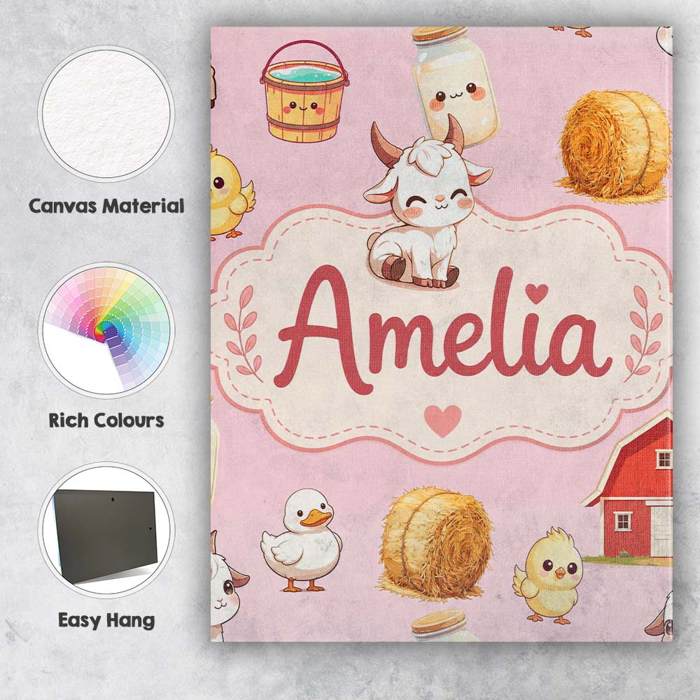 Personalised Name Cute Baby Goat Barn Hay Custom Unique Gift Idea Elegant Feature Canvas Wall Art Print Decor Picture Ready to Hang