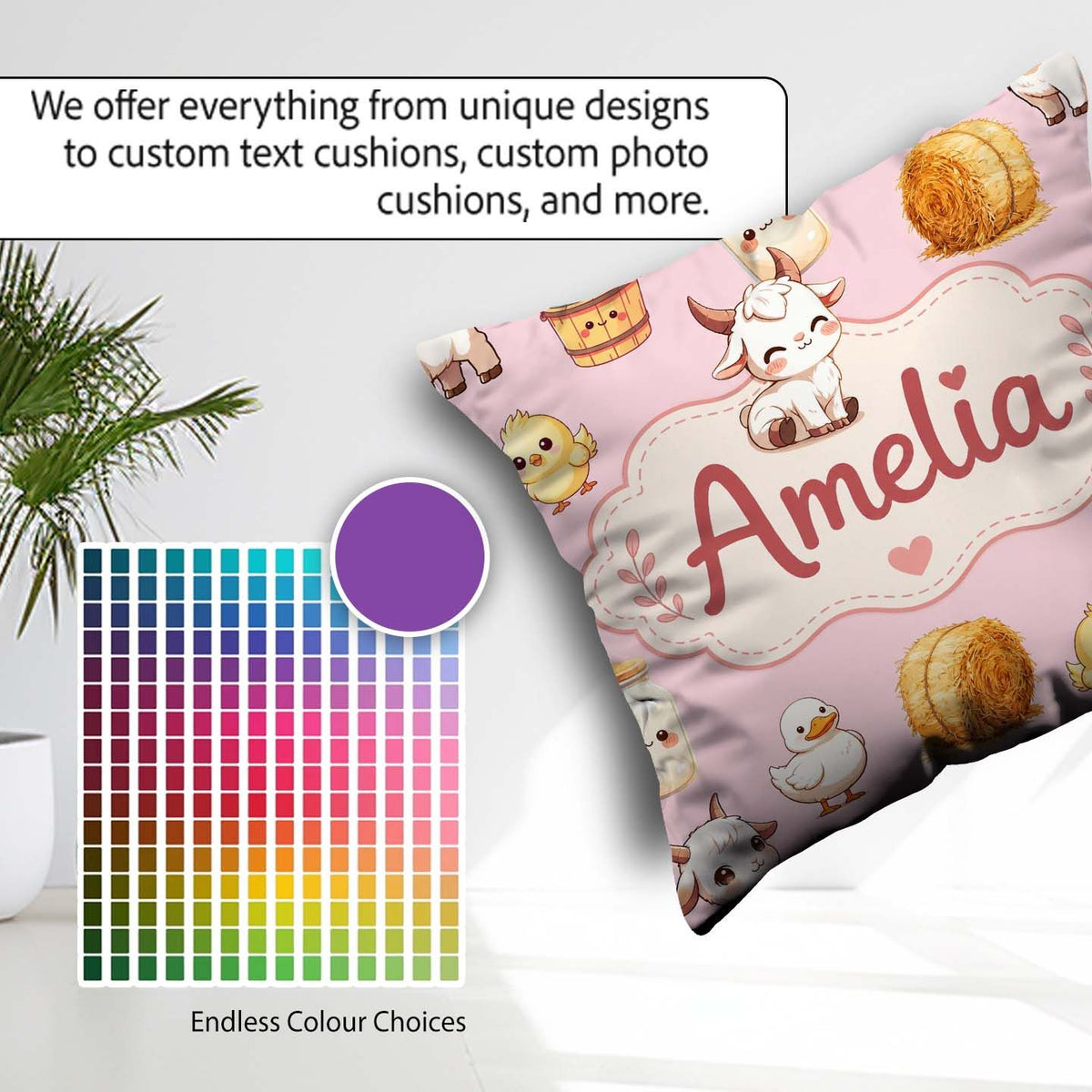 Custom Name Baby Goat Barn Hay Milk Chick Farm Pink Pattern Name Square Filled Cushion Throw Pillow Sofa Bed Home Decor Zip Washable UK Made