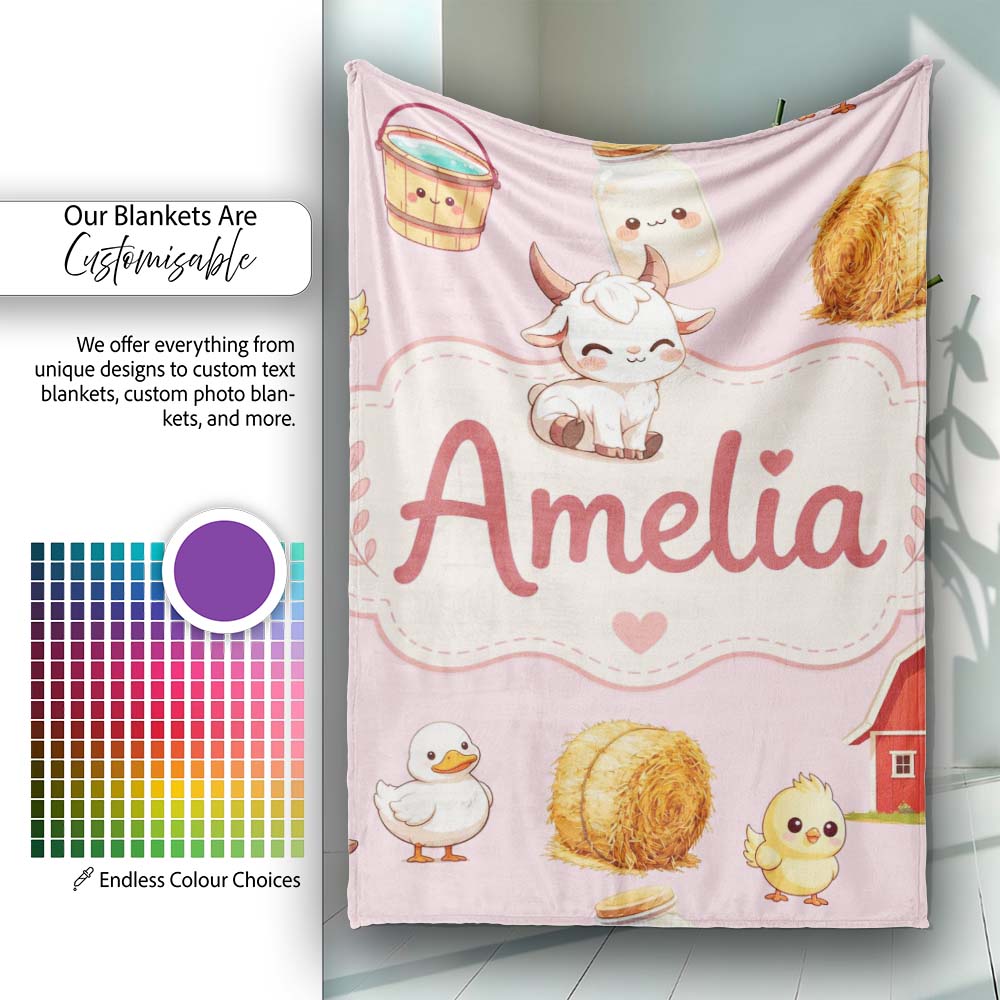 Cute Baby Goat Barn Hay Milk Chick Farm Pink Seamless Pattern Name Personalised Custom Name Super Soft Fleece Blanket Bed Sofa Throw