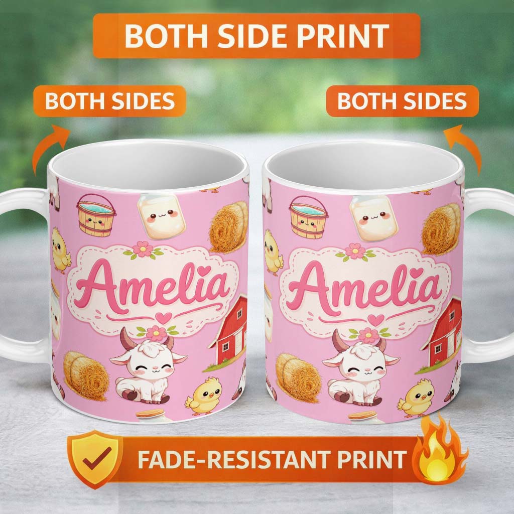 Personalized Custom Name Cute Baby Goat Barn Hay Milk Chick Farm Rose Seamless Pattern Name 11oz Ceramic Coffee Tea Mug White Large Handle