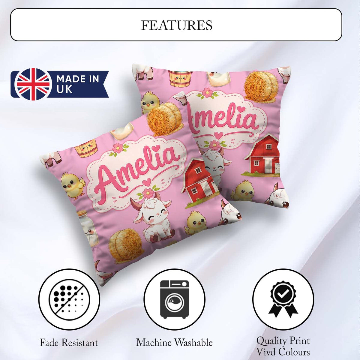 Custom Name Baby Goat Barn Hay Milk Chick Farm Rose Pattern Name Square Filled Cushion Throw Pillow Sofa Bed Home Decor Zip Washable UK Made