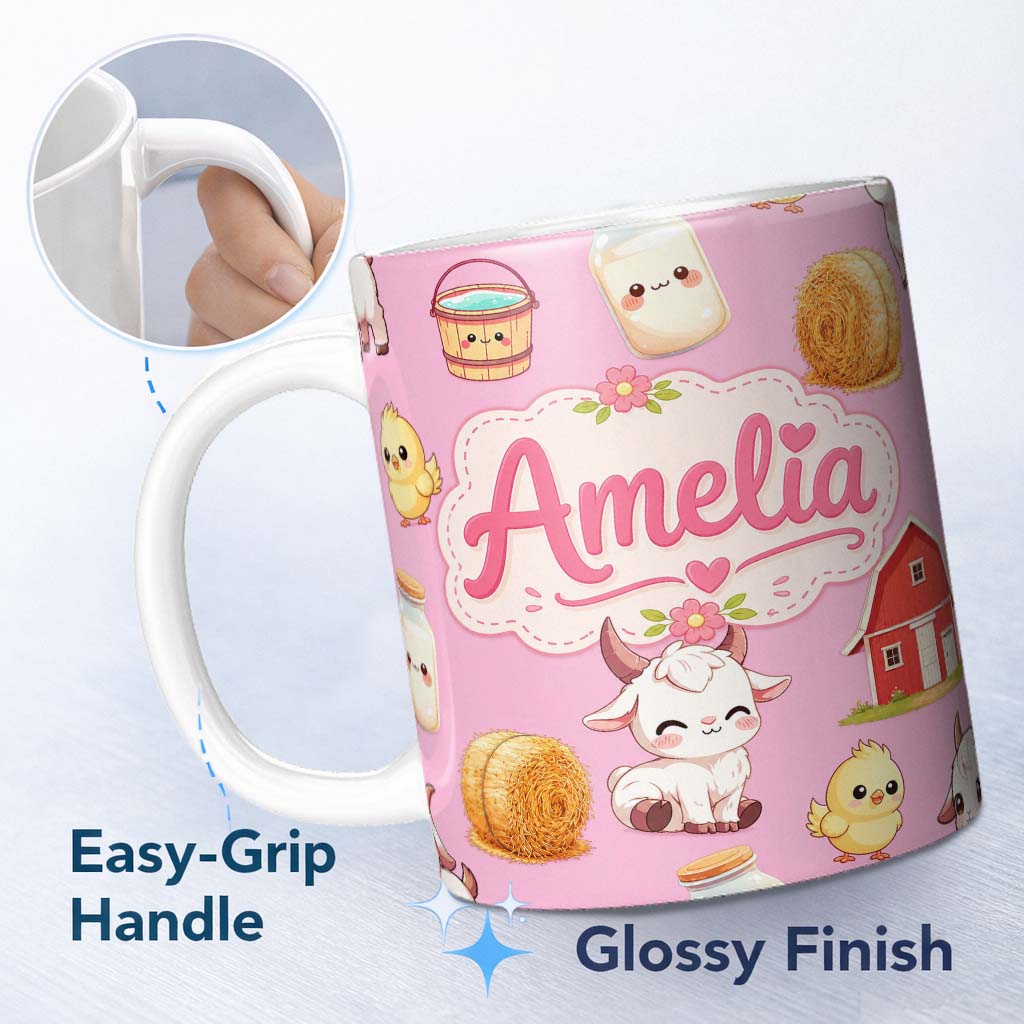 Personalized Custom Name Cute Baby Goat Barn Hay Milk Chick Farm Rose Seamless Pattern Name 11oz Ceramic Coffee Tea Mug White Large Handle