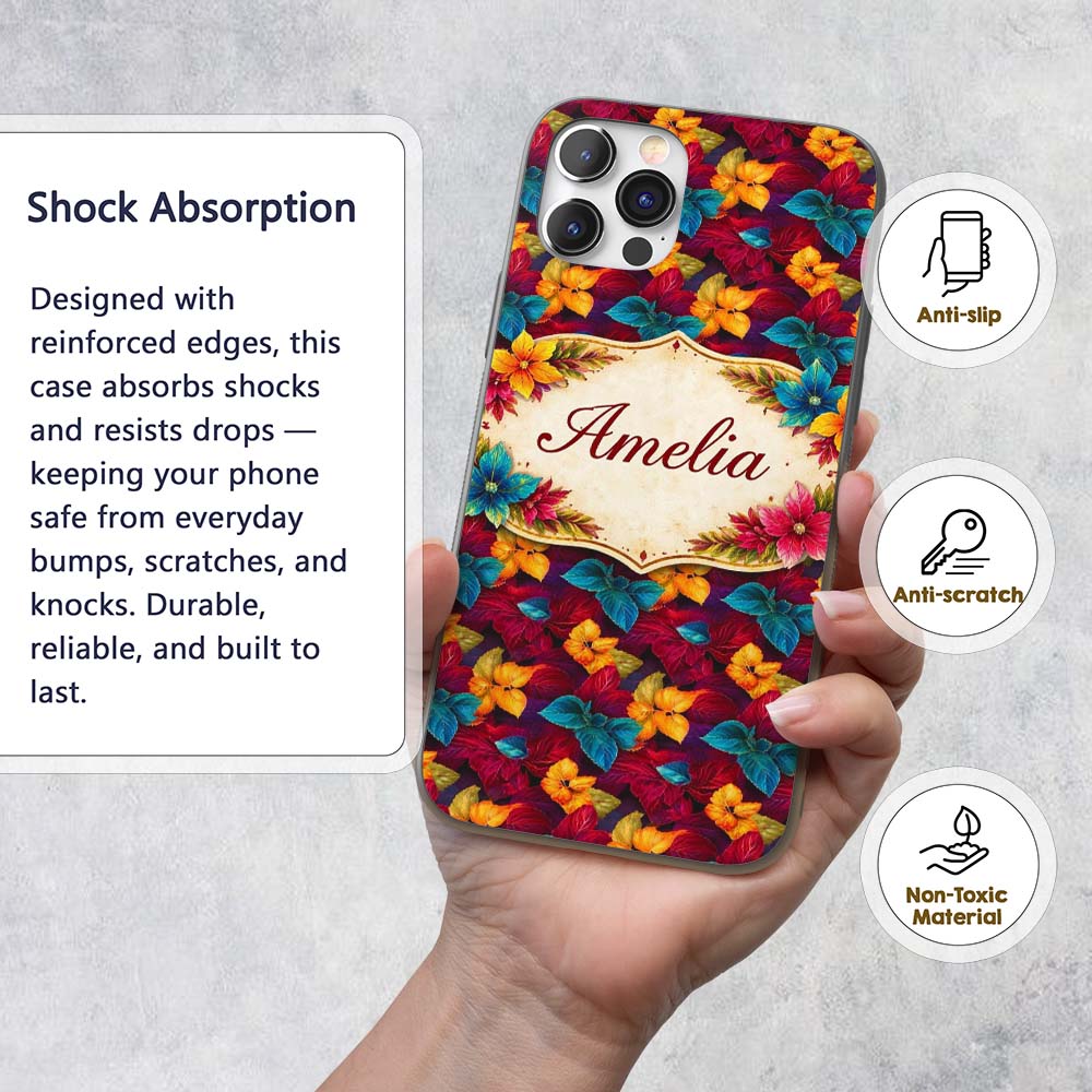 Cross Stitch Style Leaf Motif Seamless Pattern Custom Name Protective Phone Case Mobile Cover Durable Everyday Smartphone Shock Resistant