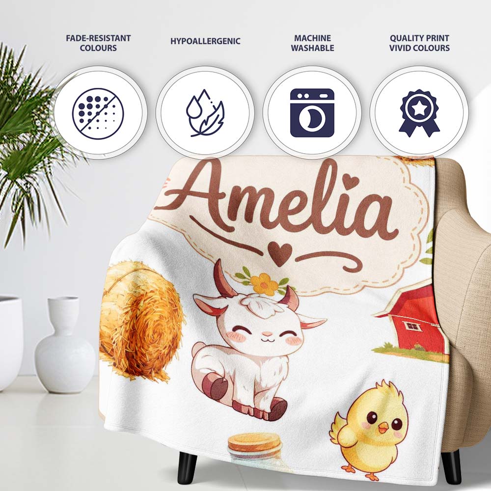Cute Baby Goat Barn Hay Milk Chick Farm Grey Seamless Pattern Name Personalised Custom Name Super Soft Fleece Blanket Bed Sofa Throw