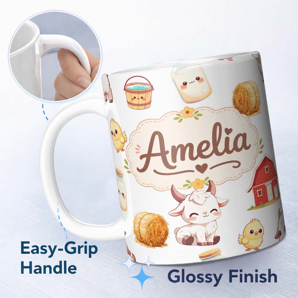 Personalized Custom Name Cute Baby Goat Barn Hay Milk Chick Farm Grey Seamless Pattern Name 11oz Ceramic Coffee Tea Mug White Large Handle