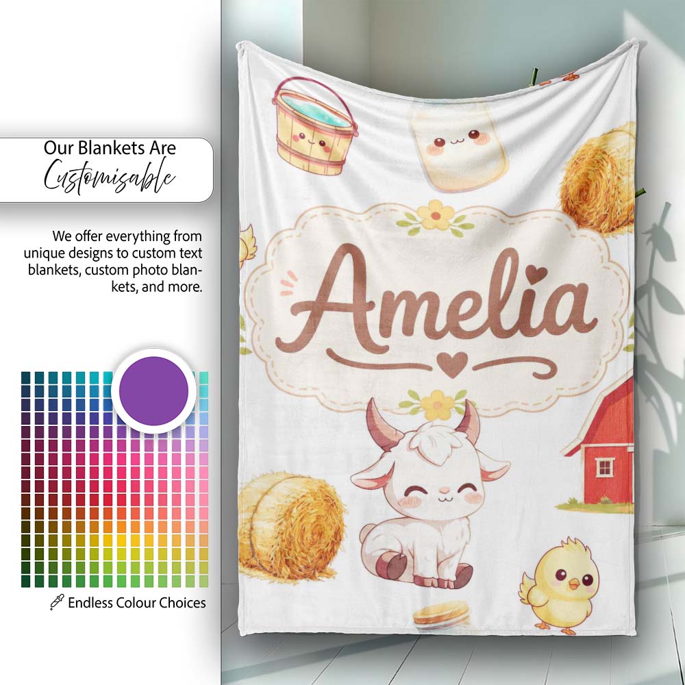 Cute Baby Goat Barn Hay Milk Chick Farm Grey Seamless Pattern Name Personalised Custom Name Super Soft Fleece Blanket Bed Sofa Throw