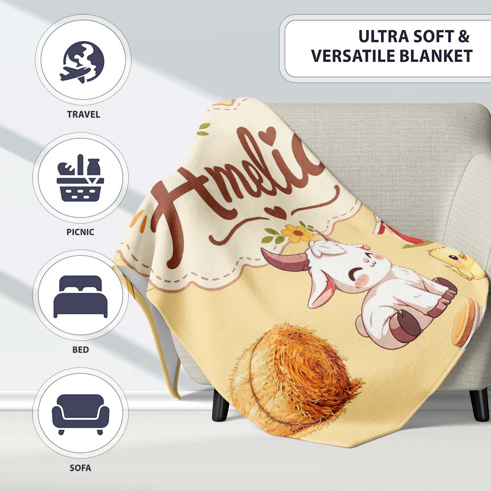 Cute Baby Goat Barn Hay Milk Chick Farm Yellow Seamless Pattern Name Personalised Custom Name Super Soft Fleece Blanket Bed Sofa Throw