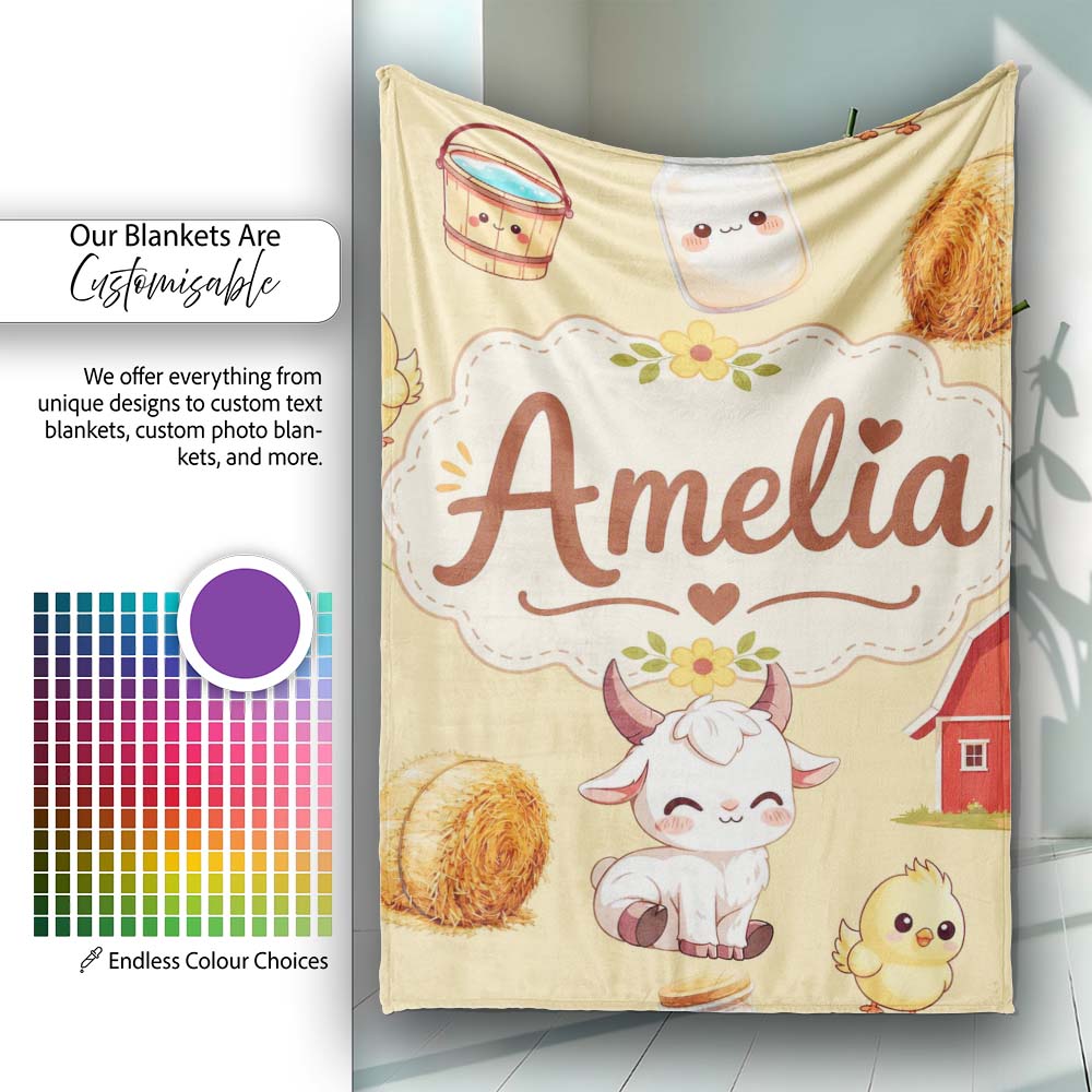 Cute Baby Goat Barn Hay Milk Chick Farm Yellow Seamless Pattern Name Personalised Custom Name Super Soft Fleece Blanket Bed Sofa Throw